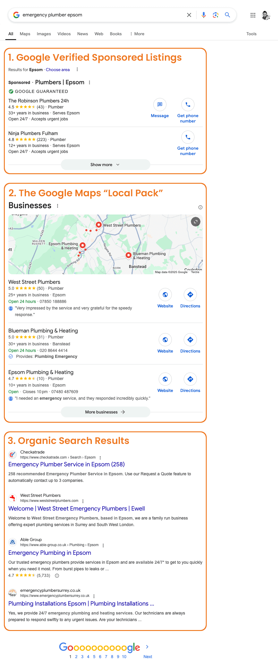 Screenshot showing a Google search results page for Epsom plumbers